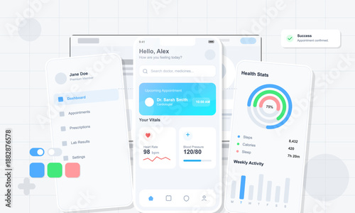 A screen displays user information for a health management app. The app shows appointment details, health stats, and vital signs for a user named Alex.