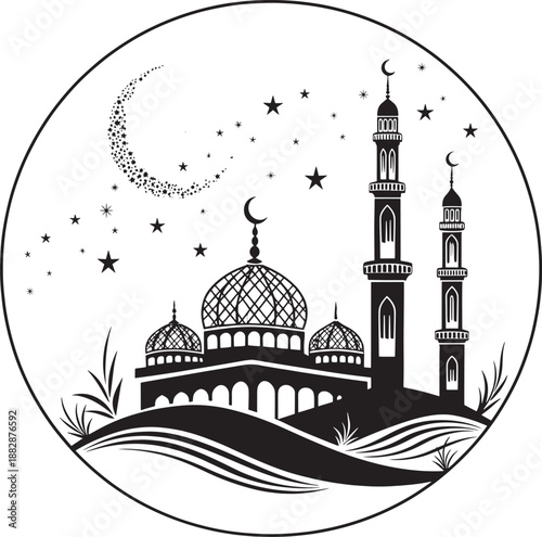 Islamic Mosque Silhouette in Circular Frame with Crescent Moon and Starry Night Sky, Black and White Vector Illustration