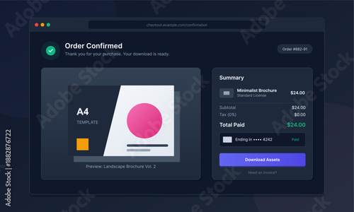A computer screen shows an order confirmation for a minimalist brochure design. The total amount paid and download instructions are visible.