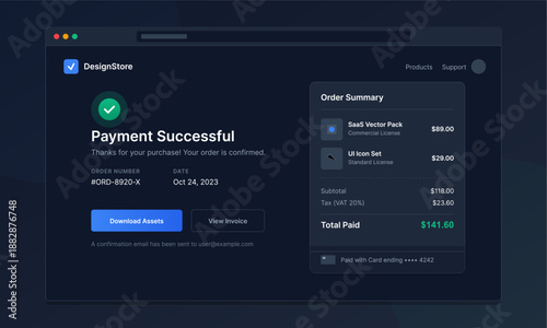 User receives payment confirmation for an order placed on October 24, 2023. The order summary shows item details and total cost, confirming successful transaction.