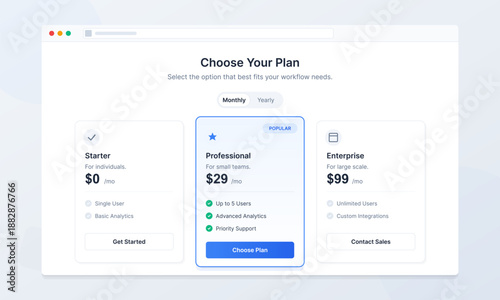 Options for subscription plans. The starter plan is free, the professional plan costs 29 dollars for small teams, and the enterprise plan is 99 dollars for larger groups.