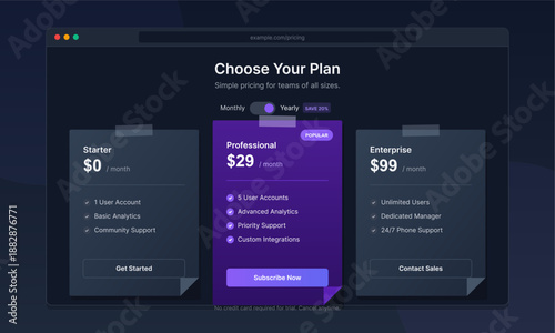 User is viewing pricing plans for team accounts on a website. Three options are available, with monthly and yearly rates for various features highlighted.