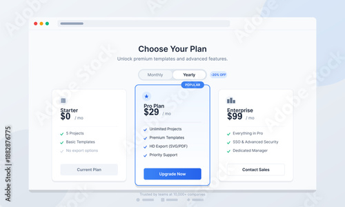 A screen shows various pricing plans for services, including Starter, Pro Plan, and Enterprise options. It lists features, pricing details, and payment choices for users.