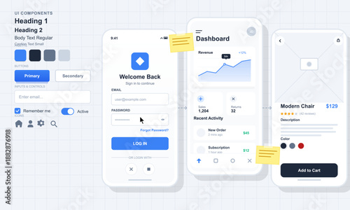 Three digital screens showcase a user interface design. The screens include a login page, a dashboard with a chart, and a product details page with a cart option.
