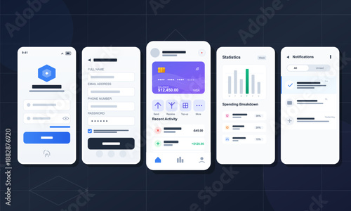 Five mobile app screens show user information, activity details, statistics, and notifications. The screens include forms and charts for managing user data and finances.