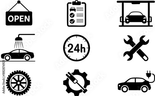 Auto Service and Repair Icon Set – 24 Hour Garage, Tools, Car Wash, and Maintenance Vector EPS