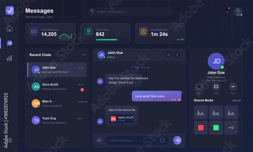 A person engages with a digital messaging platform displaying recent conversations, online status, and sharing options. The interface shows various chat details and users.