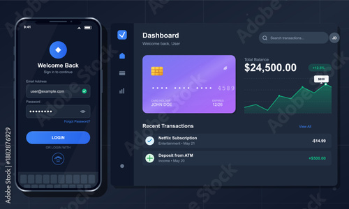 The dashboard displays a total balance along with recent transactions. User can log in with email and view account details on mobile and desktop screens.