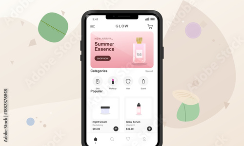 The screen displays a shopping app featuring various beauty products. Categories include makeup, hair, and scents with a focus on summer essence. The display shows prices and product details.