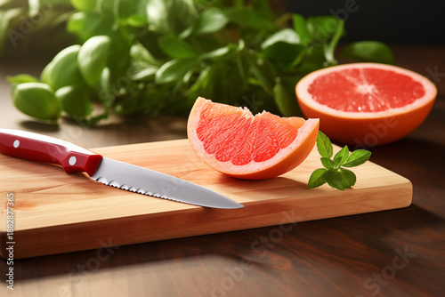 Sliced Grapefruit on Wooden Cutting Board with Knife in Natural Side Light