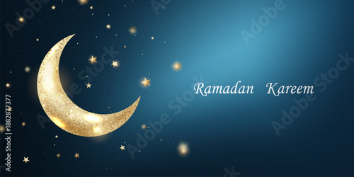Vector background "Eid Mubarak and Ramadan Kareem" with a golden crescent moon. Beautiful illustration.