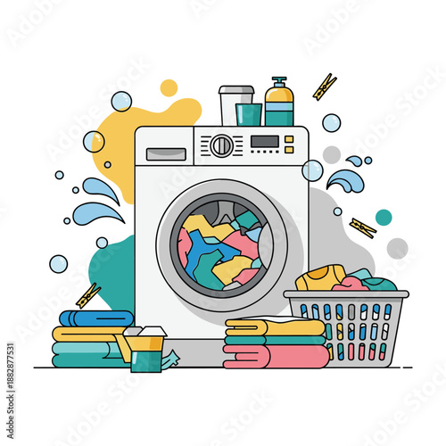 Laundry Room Scene with Washing Machine Clothes and Detergent Keywords: laundry, washing machine, clothes, basket, detergent, soap, fabric softener, clean, washing, domestic, household, chore