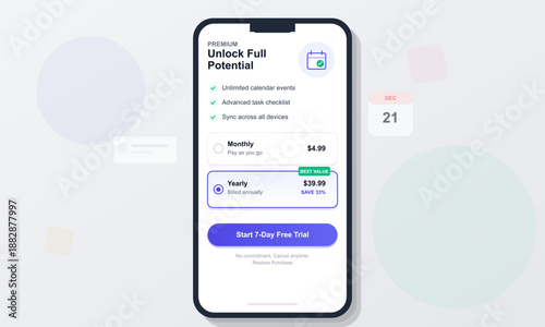 A smartphone screen displays a calendar app that offers options to unlock premium features. Users can choose a monthly or yearly payment plan for advanced task management.