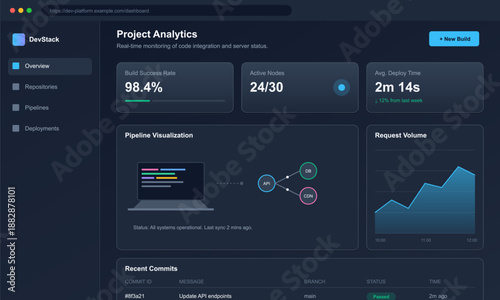 Data on a project analytics dashboard displays build success rate, active nodes, and other statistics in a tech workspace setting. The user can monitor performance metrics.