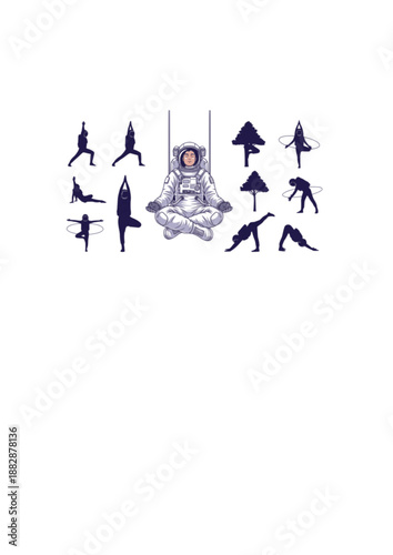Space Yoga and Mindfulness Silhouette, Astronaut Meditating in Zero Gravity, Wellness and Mental Health in Space Travel Vector Design