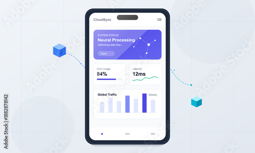 The CloudSync application shows system status and data usage on a smartphone screen. The display includes metrics for latency and global traffic. This is part of a data monitoring session.