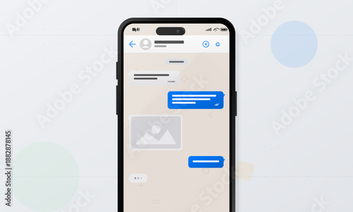 Messages are exchanged on a smartphone screen, featuring text bubbles and a preview of an image below. The background is light and minimal.