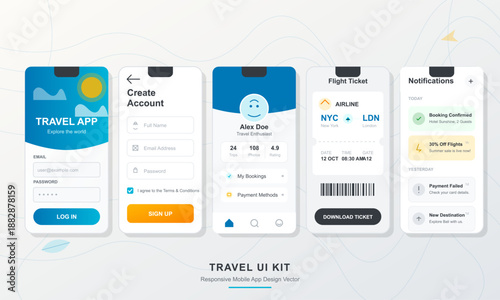 Screens show different parts of a travel app for booking flights. Users can create accounts, view bookings, and receive flight notifications. Easy access to all features is available.