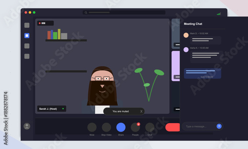 A virtual meeting takes place on a digital platform where a character with glasses and a beard appears. Users interact in a chat on the screen.
