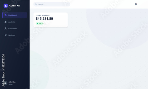 The screen shows a dashboard from an admin kit software. The total revenue shown is $45,231.89. The layout includes navigation options for analytics, customers, and settings.