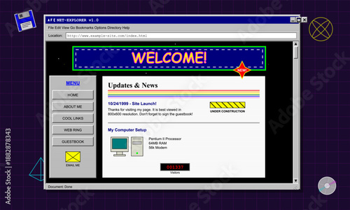 A computer screen displays a welcome message for a new website. It shows site launch details and a guestbook feature. The text has a classic design with colorful elements.