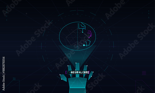 A graphic shows a neural network design with geometric shapes and bright details. The setting has a dark background that highlights the colorful elements prominently.