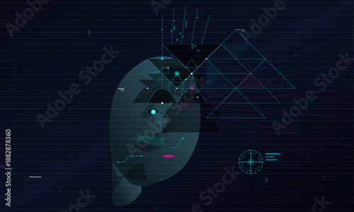A face created with geometric forms and lines. It appears in a dark setting and highlights the connection between art and technology.