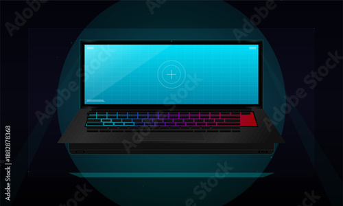 A gaming laptop is open and turned on with a bright screen displaying a digital design. The room is dark, creating a focus on the laptop. The keyboard has colorful lights.
