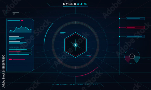 A digital platform displays various metrics, graphs, and data points regarding system performance and user activity. The layout features charts and a central focus area.
