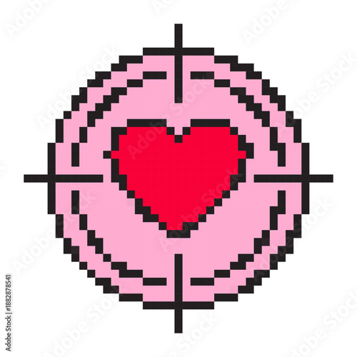 Pixel art icon of target with heart. Retro Valentine's Day love target, 8-bit romantic symbol, gaming vector. Minimal pixelated bullseye, red heart pixels, nostalgic arcade style.
