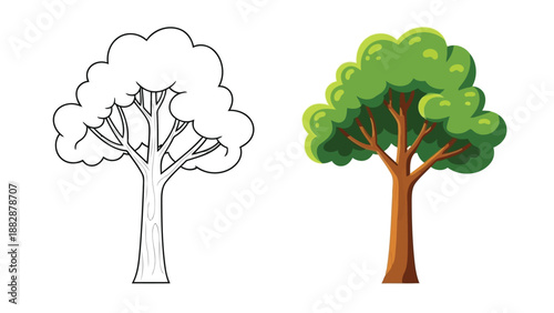 a drawing showcasing two trees one in black and white outline and the other in vibrant green color