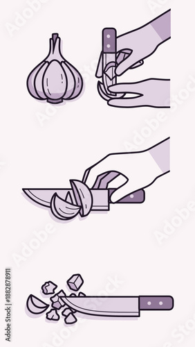 Illustrated Culinary Guide: Garlic Preparation from Bulb to Finely Chopped Pieces Illustration