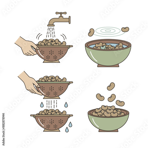 Illustrated Guide Showing Bean Preparation Steps: Washing, Soaking, Draining, and Readying for