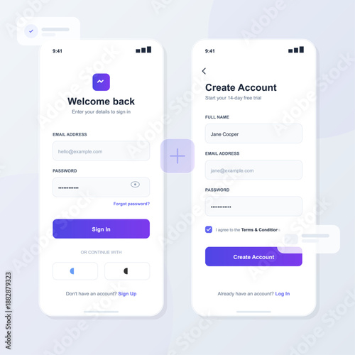 Two mobile screens show user login and registration forms. The first screen has fields for email and password. The second screen asks for full name, email, and password.