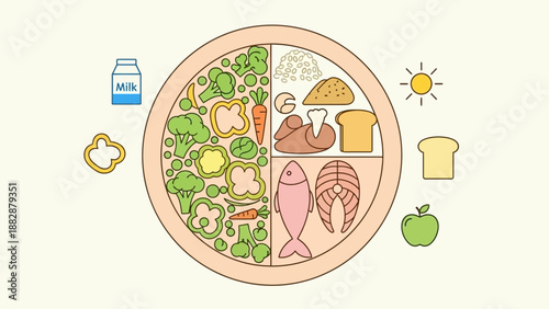 Illustrated Healthy Eating Plate Showing Balanced Nutritional Dietary Needs Visualization