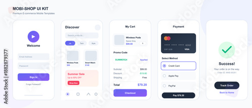 Screens show a mobile shopping application including welcome message, product categories, shopping cart, payment details, and order success notification. User can browse and purchase items easily.