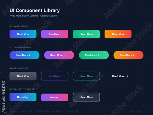 Different UI buttons are shown in various colors and styles. Each button says Read More and includes solid, pill, and outline shapes. The design is suitable for web applications.
