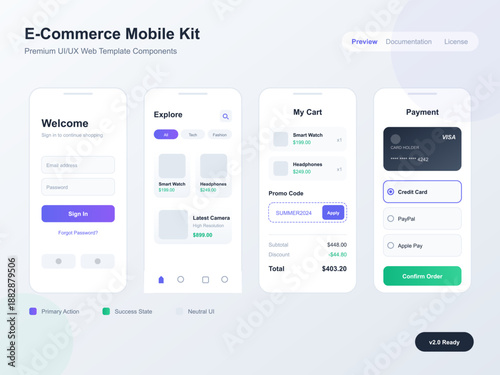 Interface shows welcome screen, explore options, cart details, and payment methods for an e-commerce mobile application. Users can sign in and view items for purchase.