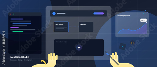 Hands interact with a computer display showing user interface elements, programming code, and a visual graph of user engagement metrics, suggesting design work in progress.