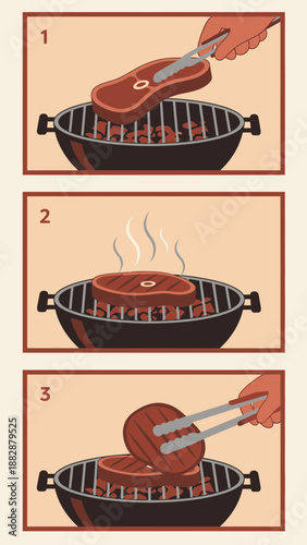 Illustrated Culinary Sequence: Grilling Steak Stages, From Placement to Perfection on a Charcoal
