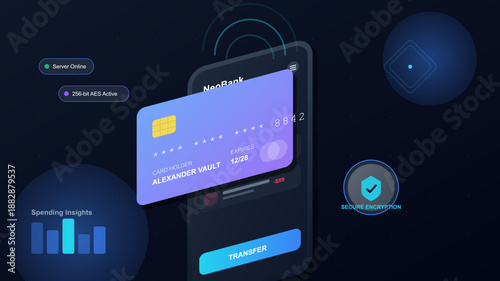 Digital banking interface displays a virtual card along with features like cardholder information, secure encryption, and spending insights. Users can transfer funds easily.