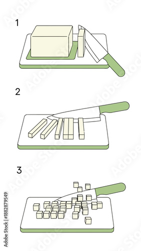 Illustrated Culinary Sequence: Precision Cutting and Dicing of a Solid Rectangular Food Item