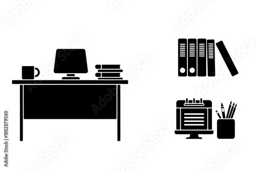 Minimalist office desk setup vector with computer monitor, books, stationery cup, and organized document binder set.