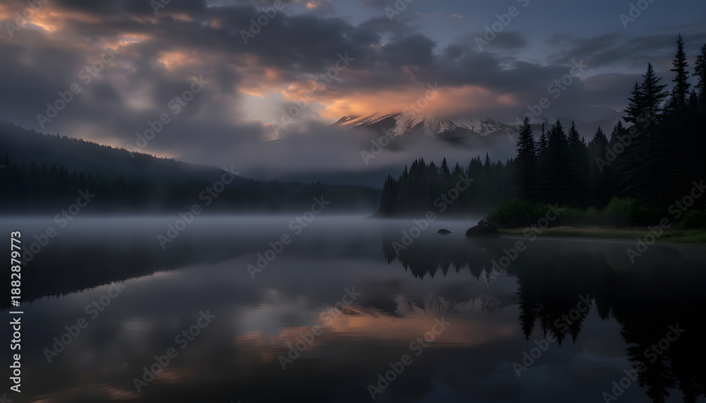 Obraz premium Moody Mountain Lake Landscape at Dawn with Fog and Dramatic Sky