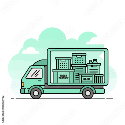 Illustrated Delivery Truck with Fresh Produce and Dairy Products Delivering Goods Quickly