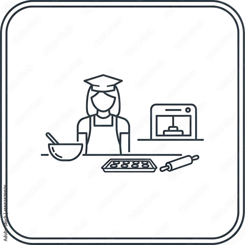 Fototapeta premium Female Baker with Graduation Cap and Baking Tools Line Icon.