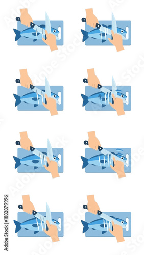 Illustrated Sequence: Preparing Raw Fish with Surgical Precision for Culinary Delights