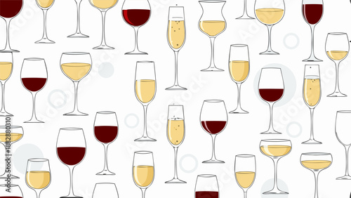 Chic seamless pattern vector illustration of various wine and champagne glasses for a festive celebratory mood
