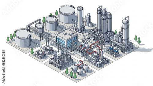 Industrial Power Plant Complex with Tanks and Towers.