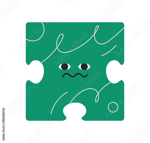 Puzzle piece with confused face expression. Confusion, anxiety, overwhelmed emotion. Missing jigsaw element, embarrassed troubled look. Flat vector illustration isolated on white background